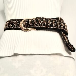 Handcrafted Black Boho Lux Crochet Belt With Gold Tone Starburst Embroidery